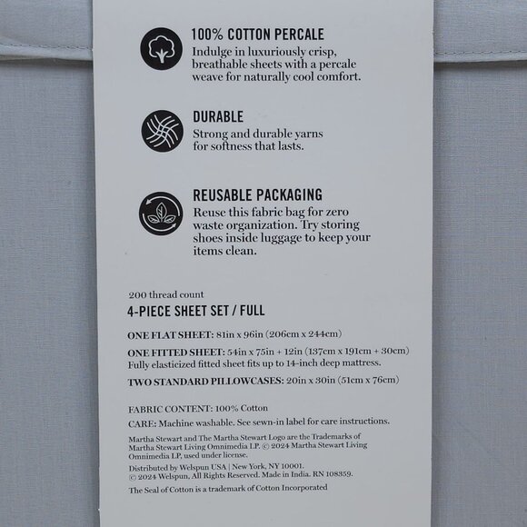 Martha Stewart Full Sheet Set 200 Thread Count Cotton Percale Gray - Picture 4 of 8